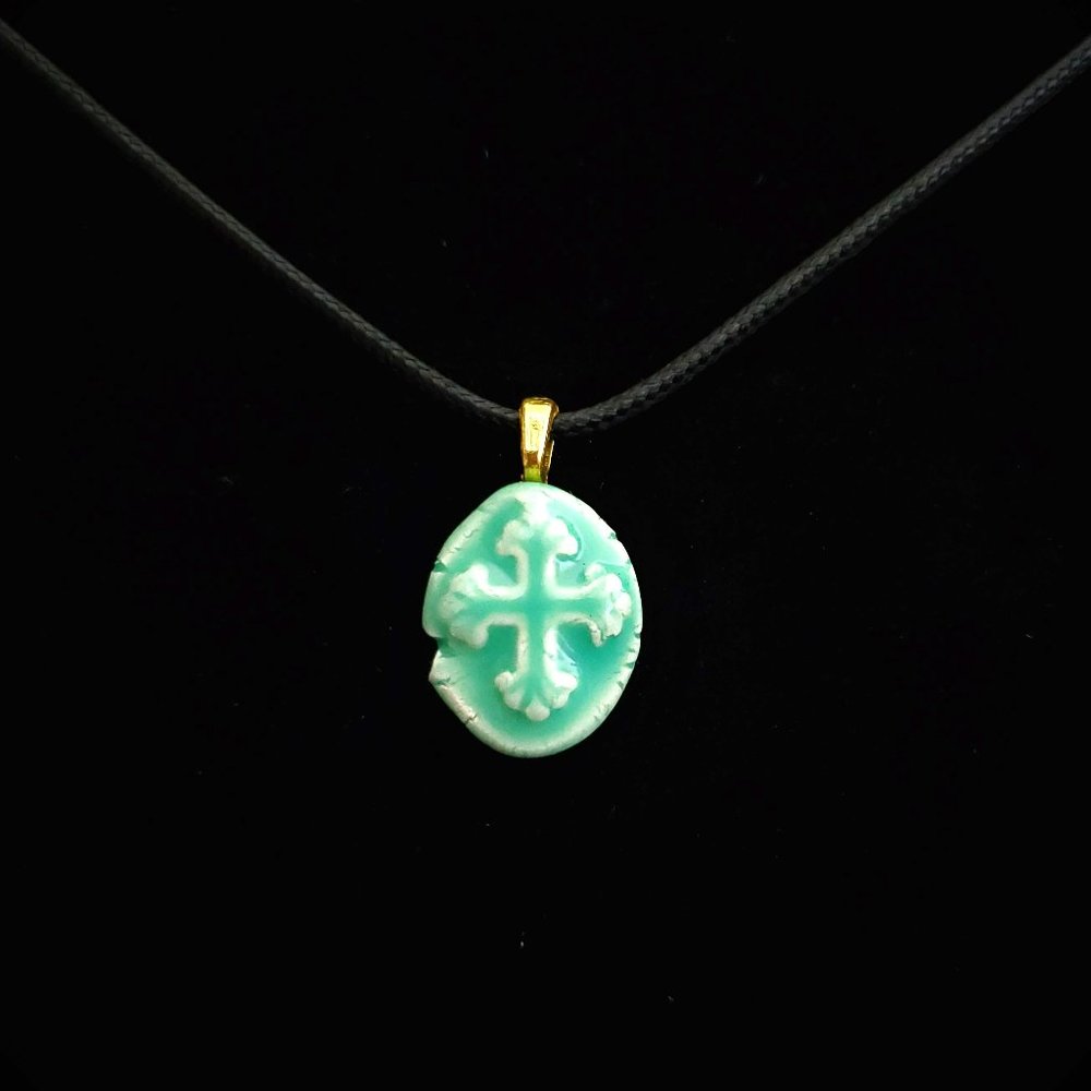 Handmade Ceramic Aqua Green Fleur De Lis Cross Pendant Necklace